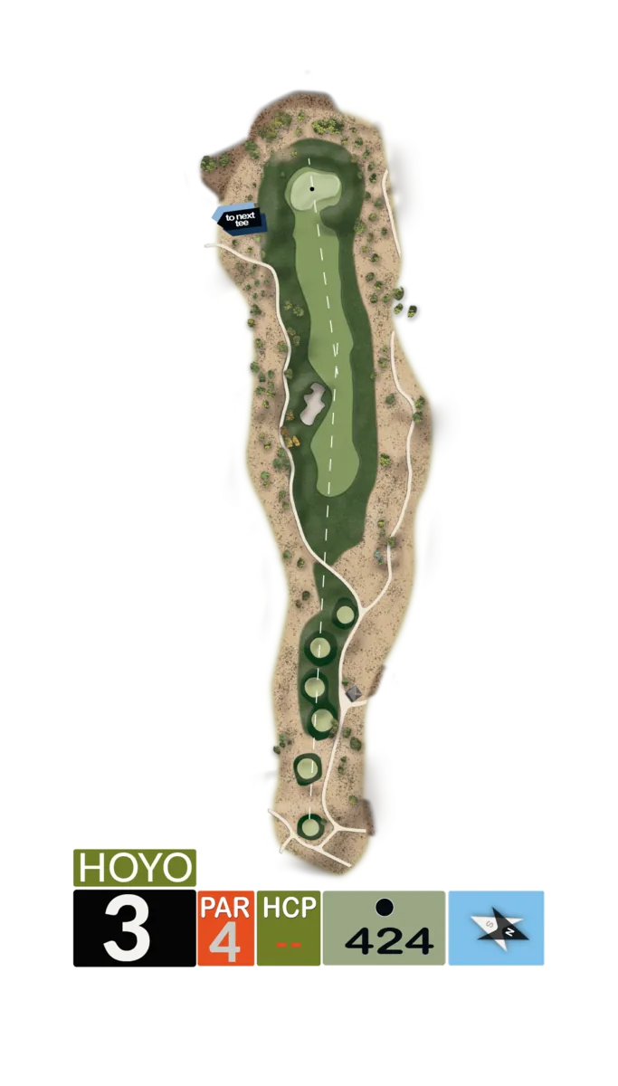 Plano del hoyo 3, par 4, 424 metros