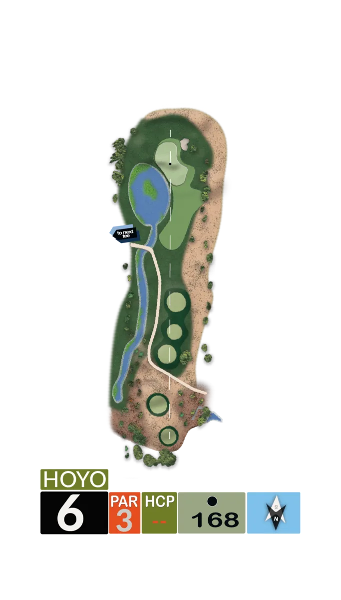 Plano del hoyo 6, par 3, 168 metros