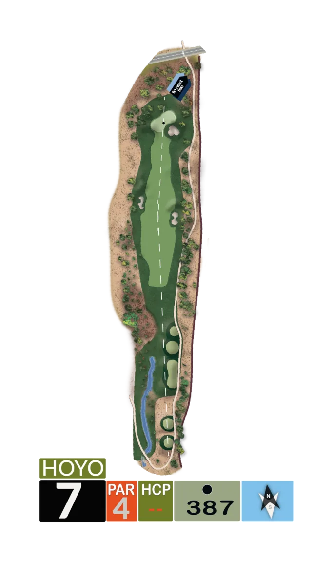 Plano del hoyo 7, par 4, 387 metros