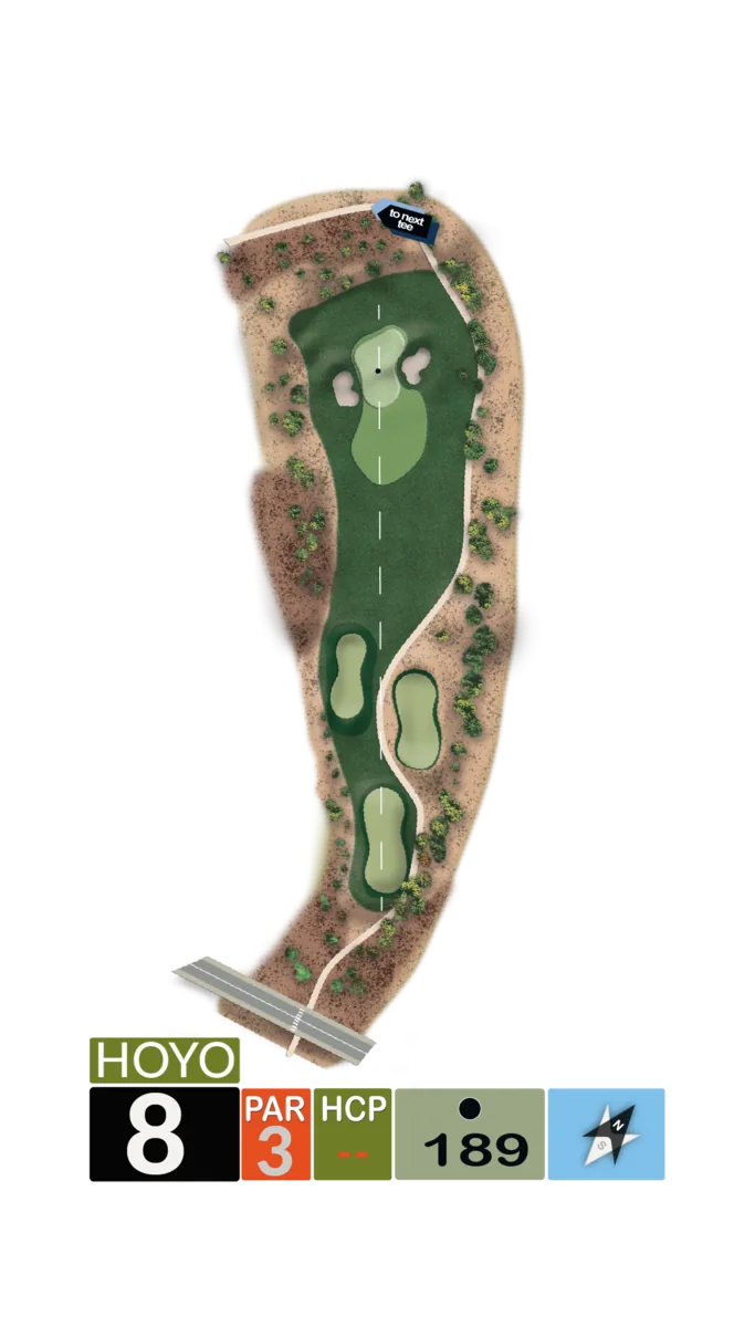 Plano del hoyo 8, par 3, 189 metros