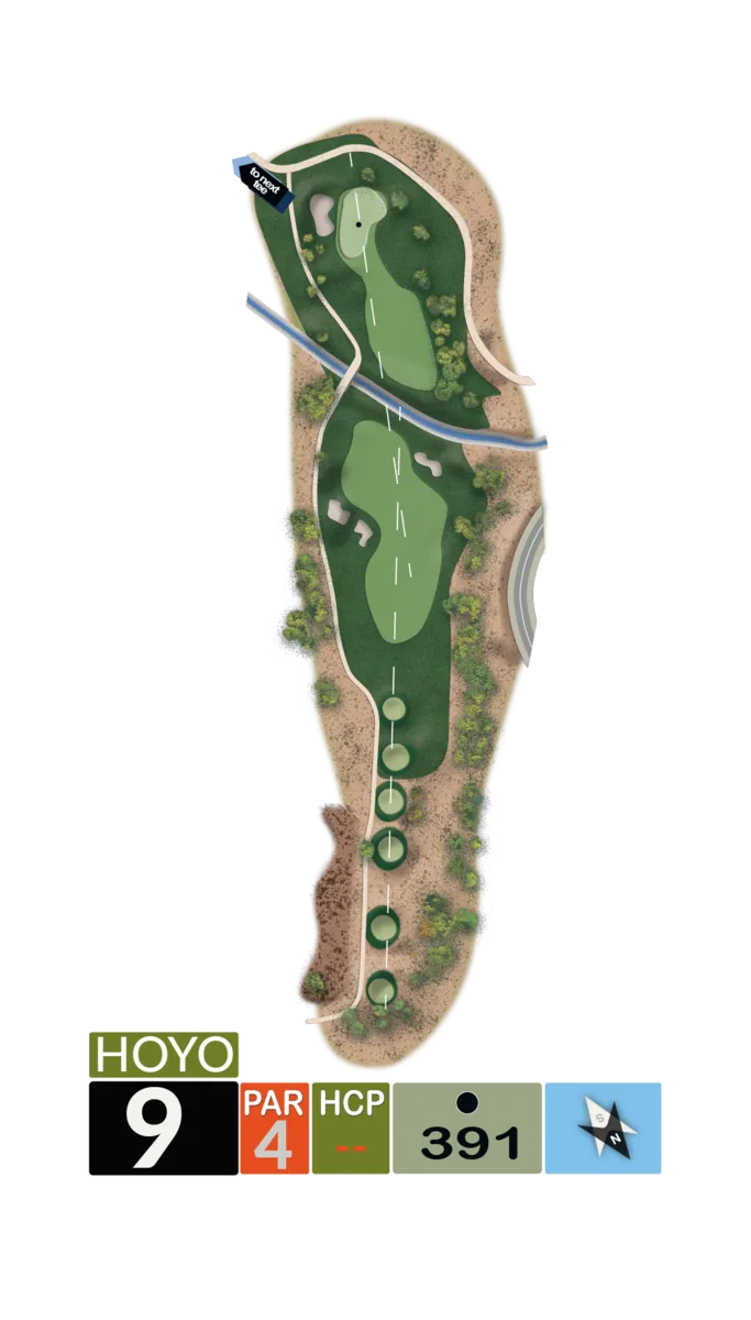 Plano del hoyo 9, par 4, 391 metros