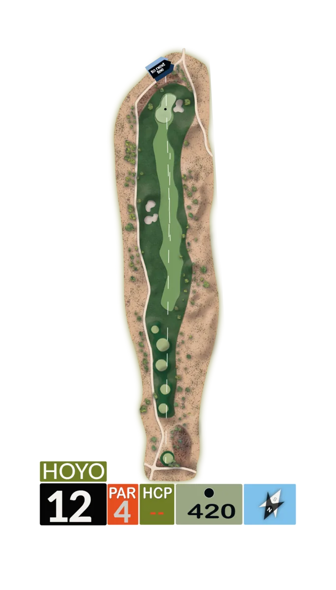 Plano del hoyo 12, par 4, 420 metros