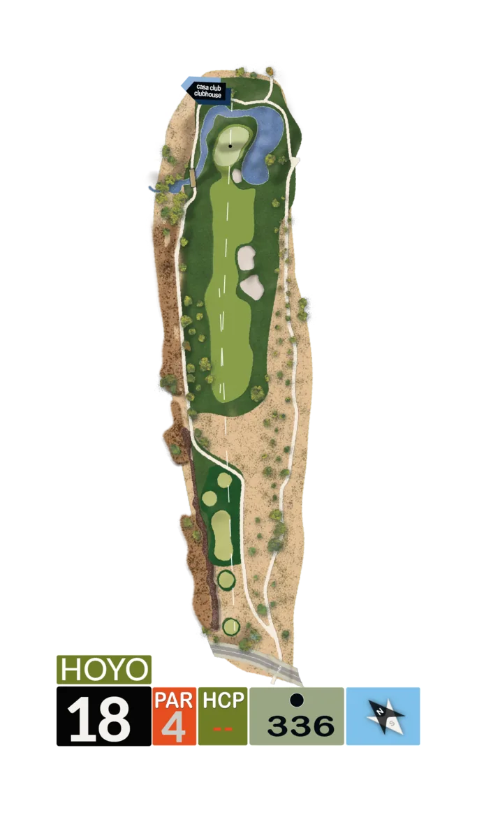 Plano del hoyo 18, par 4, 336 metros